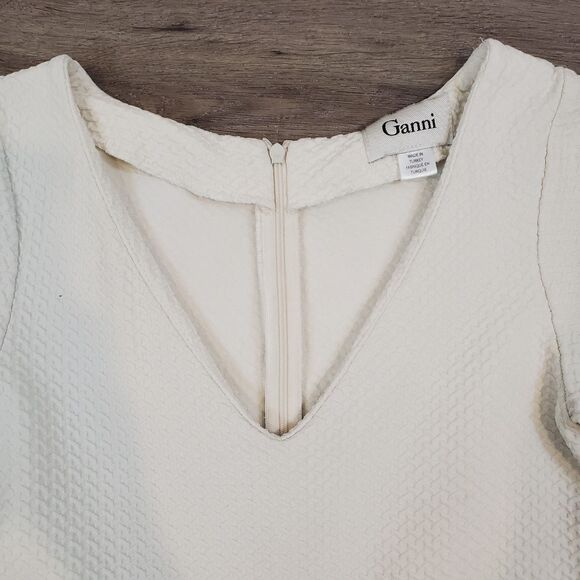 Ganni Textured Black White Mini Dress S Pleated Vneck Quiet Luxury Minimalistic - Picture 4 of 14